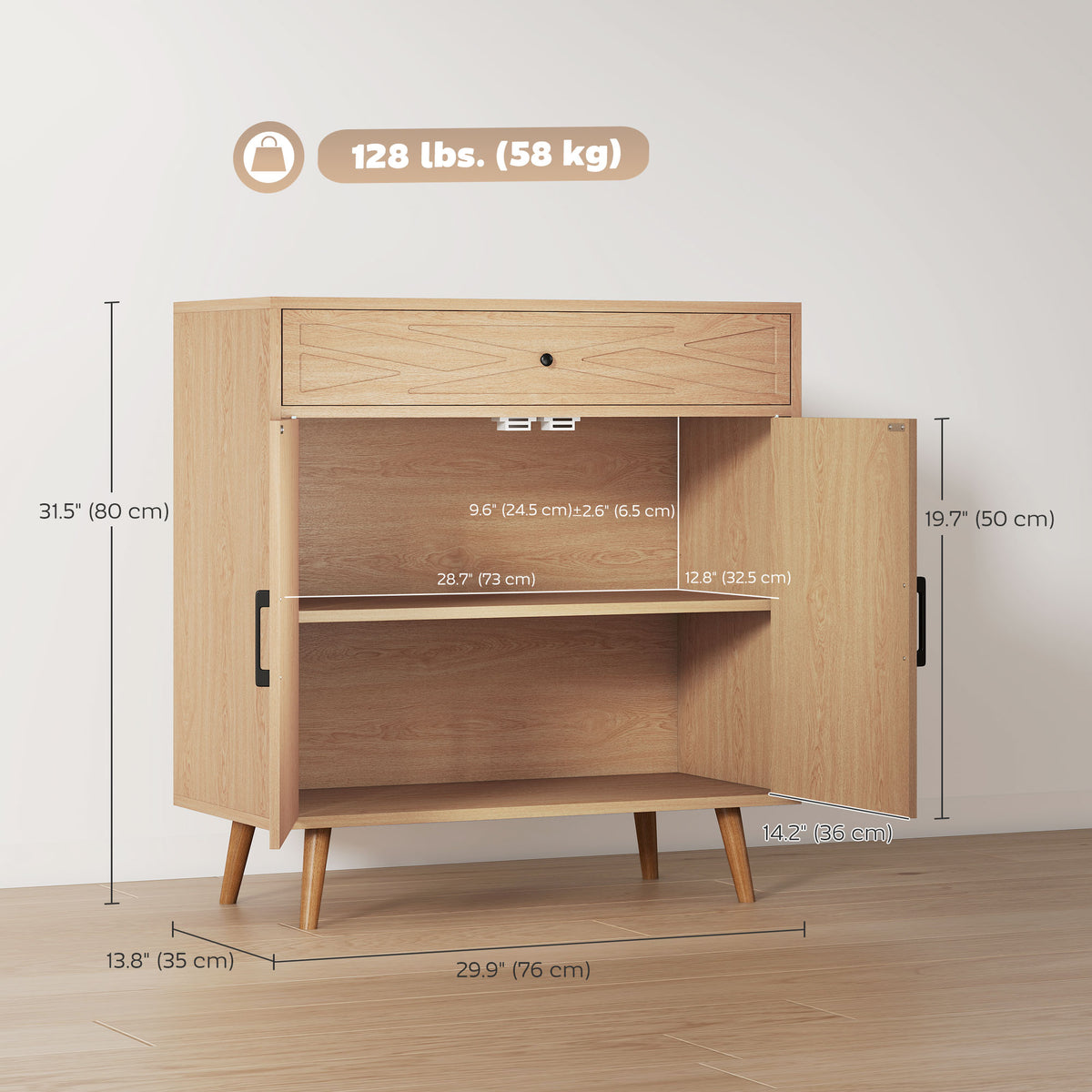 Modern Oak Buffet Sideboard with Patterned Doors - open cabinet view