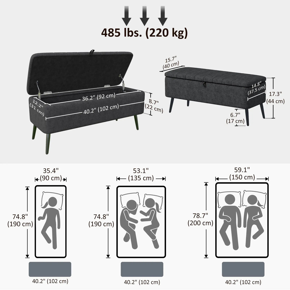 Charcoal Storage Ottoman | Entryway & Bedroom Storage Bench