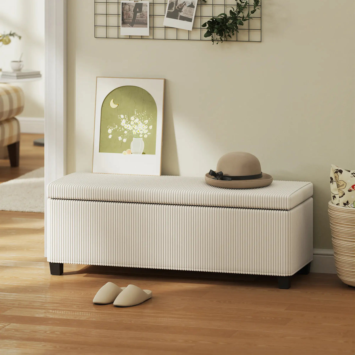 Ivory Storage Ottoman | Ribbed Bedroom Storage Bench