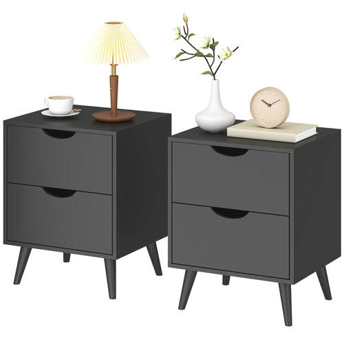 Black Nightstand Set of 2 | 19.9" Bedside Tables with Pine Wood Legs