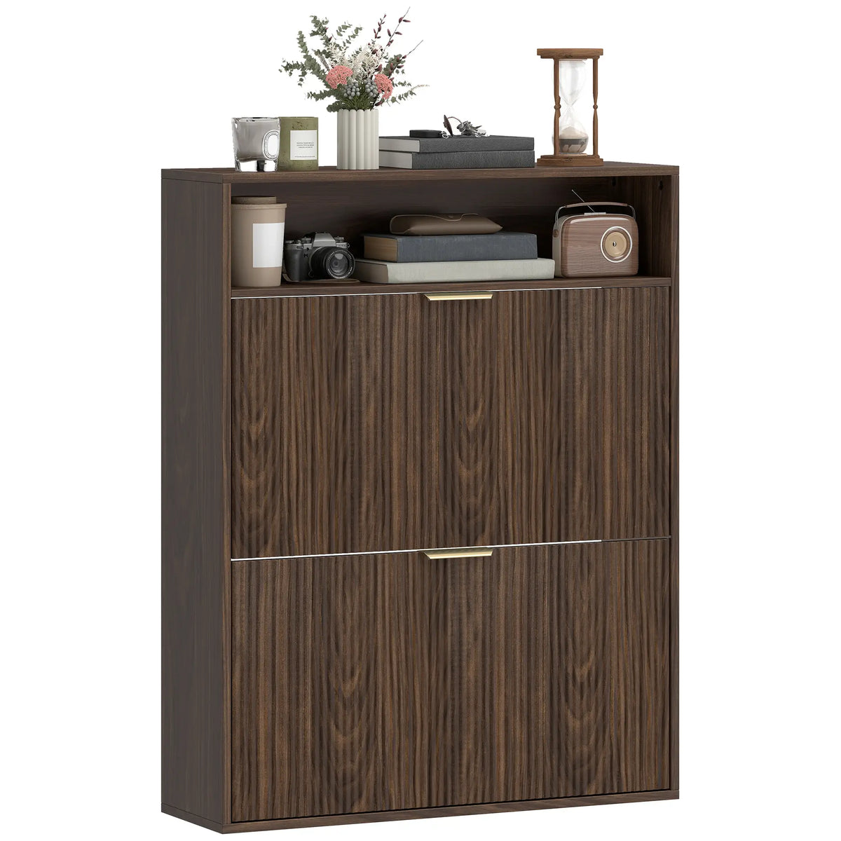 Walnut Shoe Cabinet | 12-16 Pair Entryway Storage with Shelf