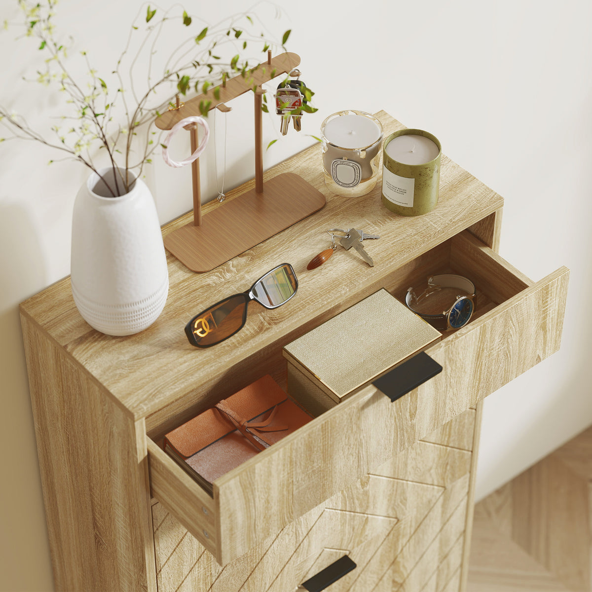 Oak Narrow Shoe Storage Cabinet | 41.5" Entryway Cabinet with Flip Drawers, Holds 8 Pairs