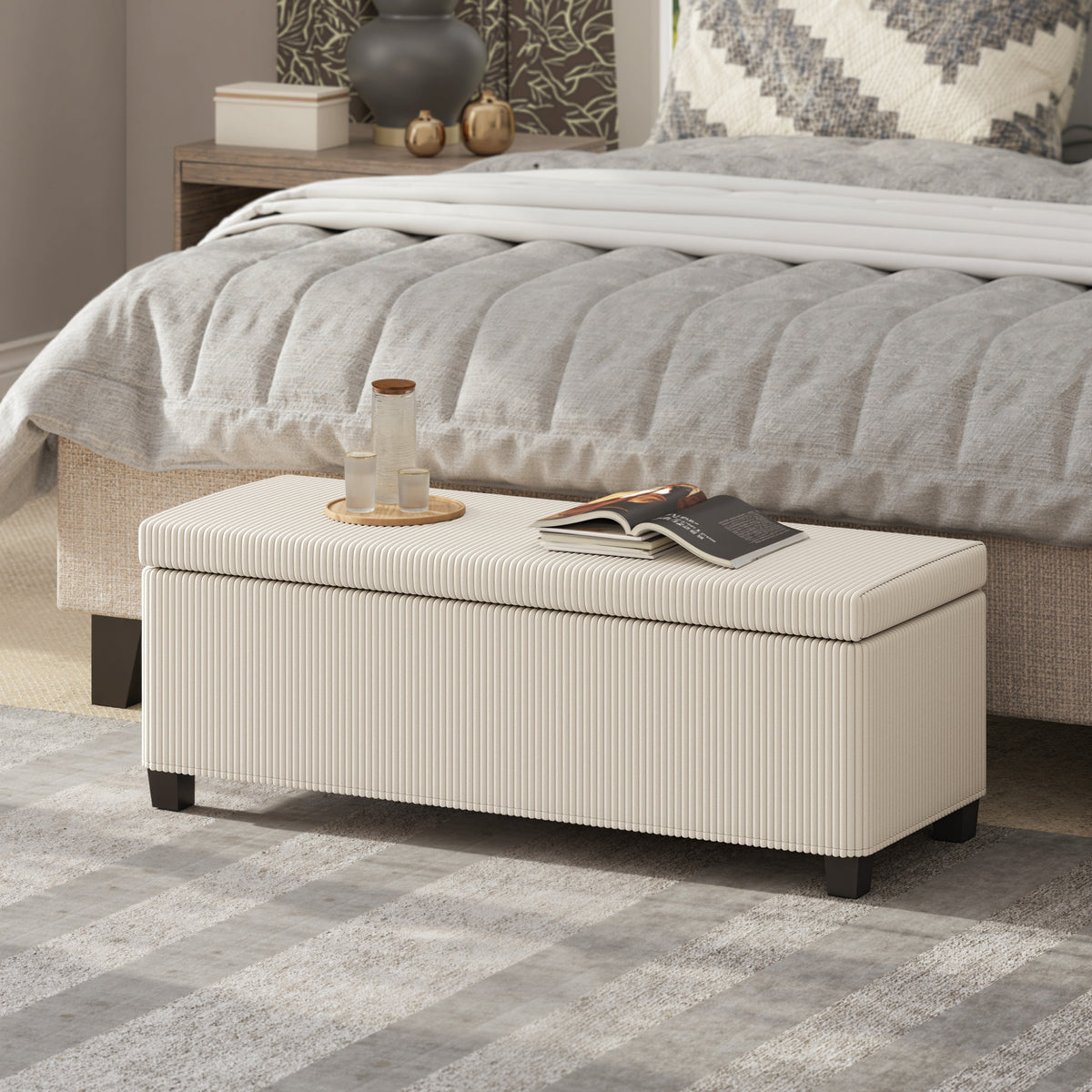 Ivory Storage Ottoman | Ribbed Bedroom Storage Bench