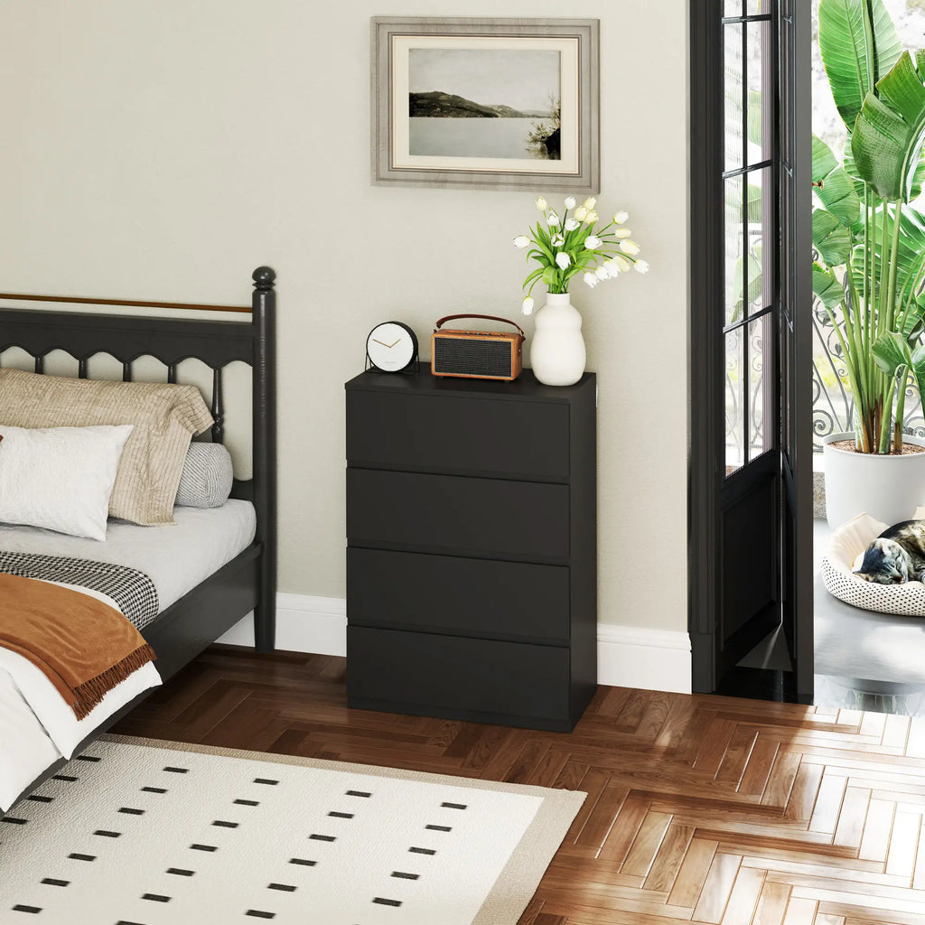 Black Chest of Drawers | Slim 4-Drawer Storage Dresser
