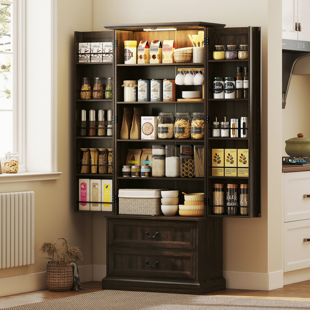 Brown 72" LED Kitchen Pantry Cabinet | Buffet Storage with 10 Door Shelves