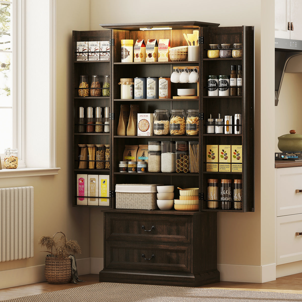 Brown 72" LED Kitchen Pantry Cabinet | Buffet Storage with 10 Door Shelves