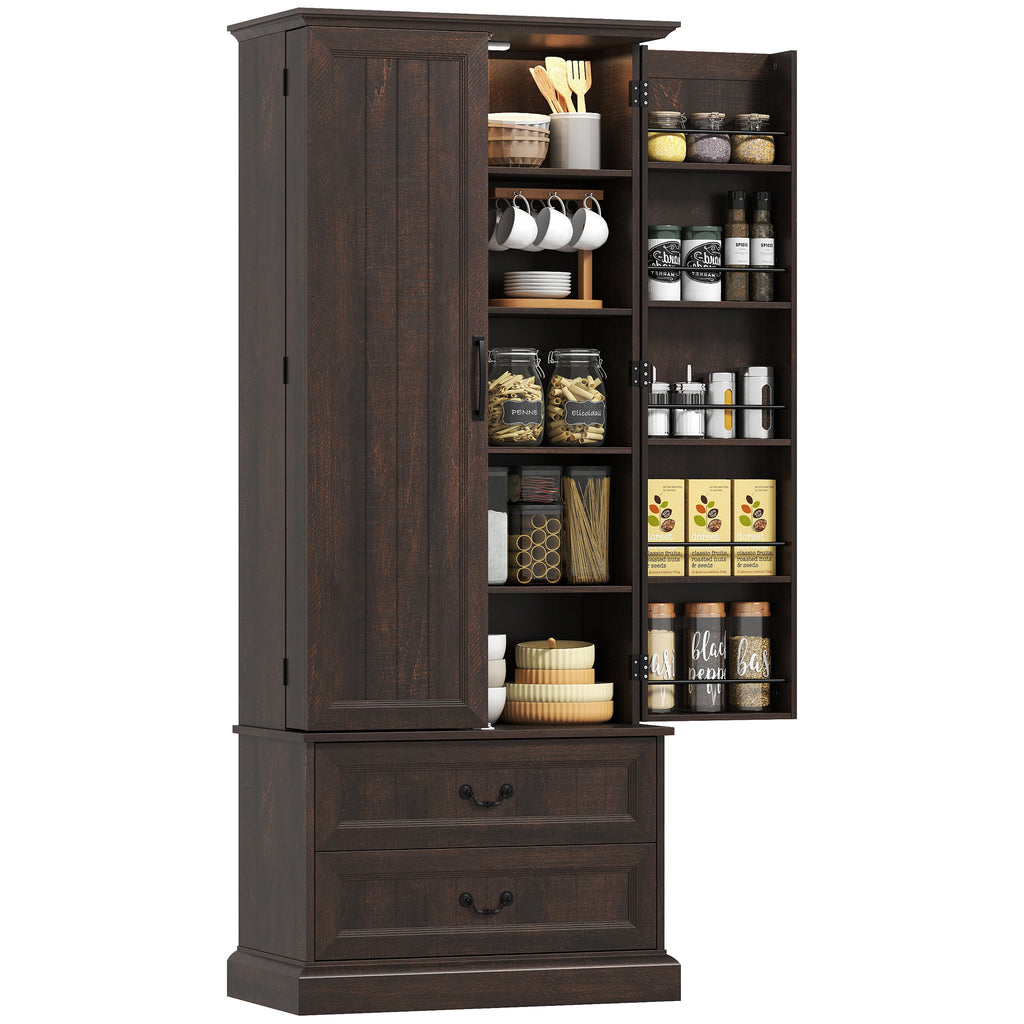 Brown 72" LED Kitchen Pantry Cabinet | Buffet Storage with 10 Door Shelves
