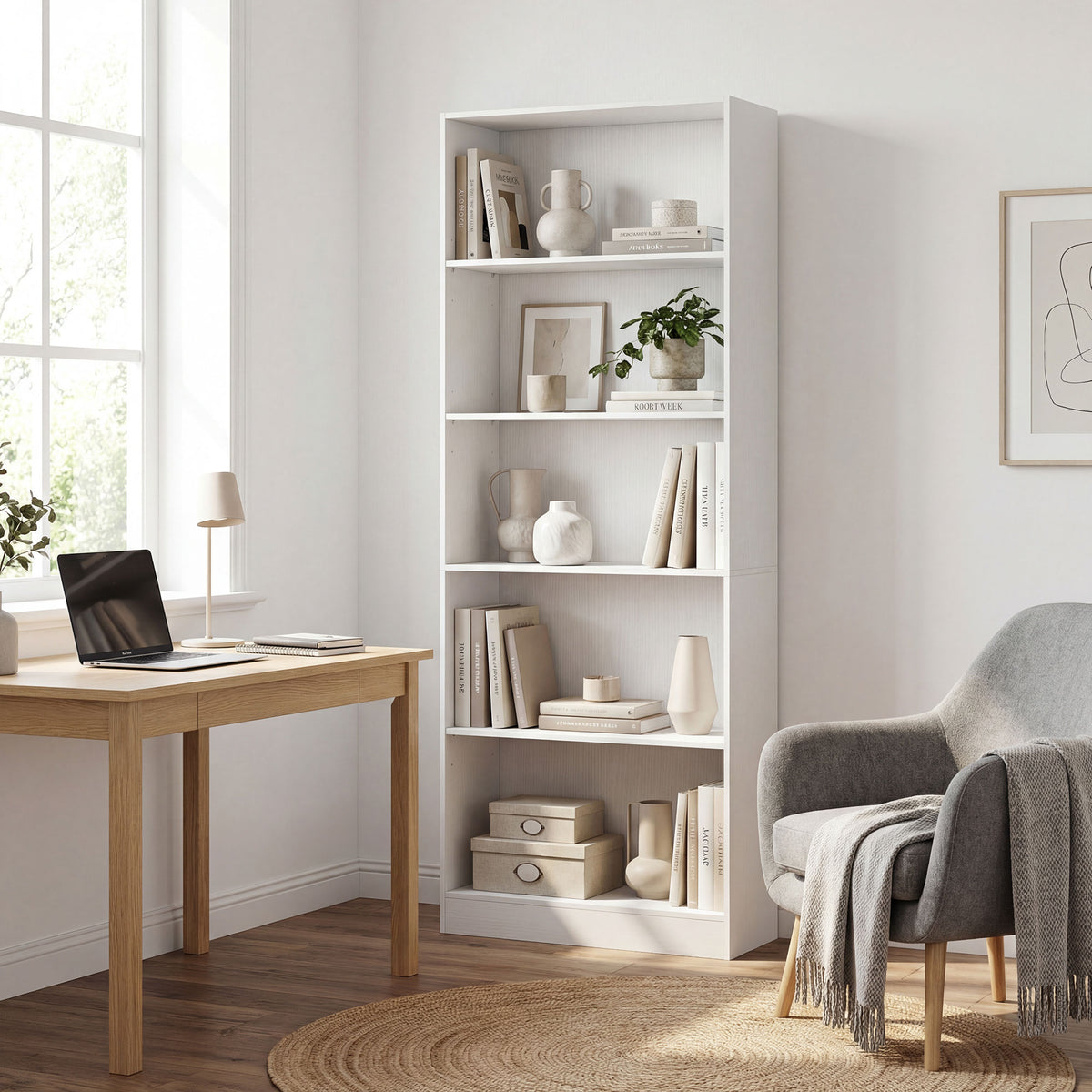 White 5-Tier Bookcase | 69.3" Tall Adjustable Shelf Storage Unit