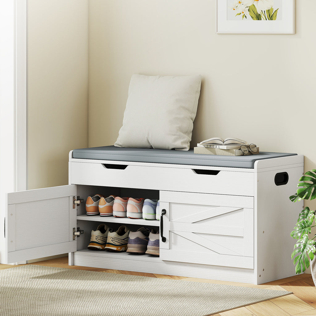White Shoe Storage Bench | 2-Cabinet Farmhouse Bench with Cushion