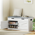 White Shoe Storage Bench | 2-Cabinet Farmhouse Bench with Cushion