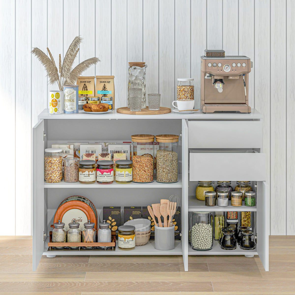White Kitchen Sideboard Cabinet | 46.1" Push-Open Coffee Bar with Drawers