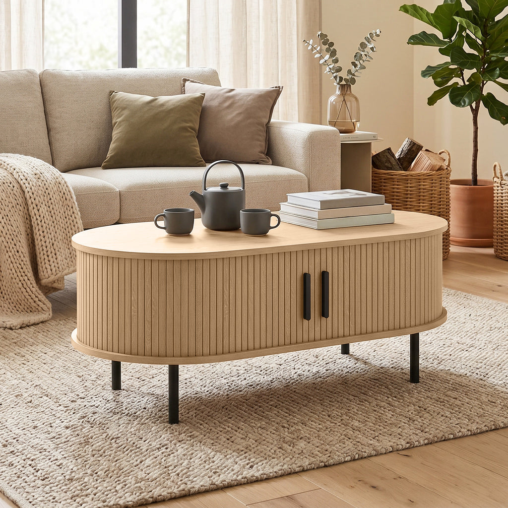 Natural Wood Coffee Table with Sliding Tambour Doors - lifestyle view 2