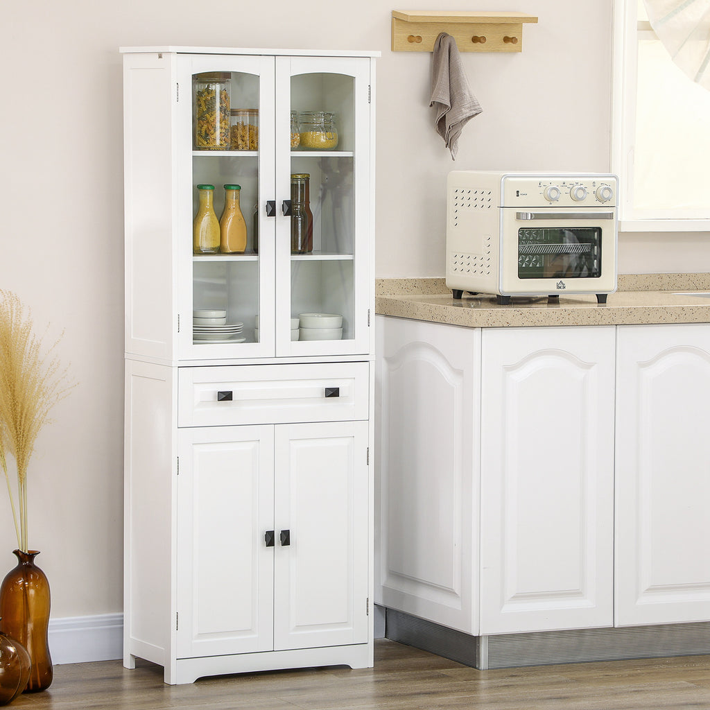 White 4-Door Kitchen Pantry Cabinet | 63" Freestanding Storage Cupboard with Glass Doors
