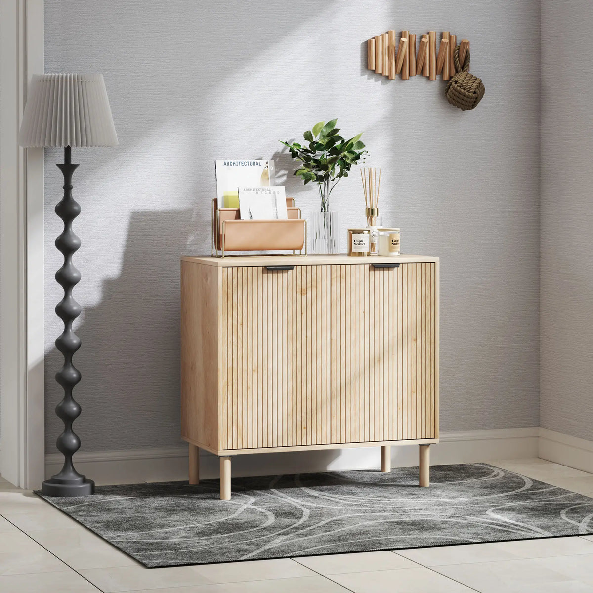 Natural Oak Storage Cabinet | Fluted 2-Door Accent Cabinet