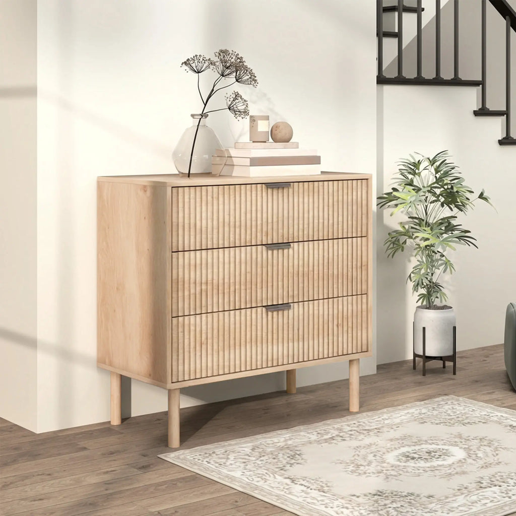 Natural Oak Chest of Drawers | Fluted 3-Drawer Dresser