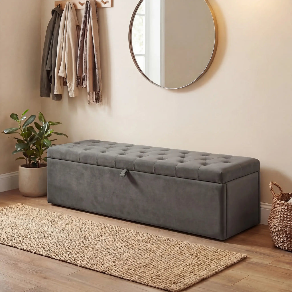 Grey Storage Ottoman | Large Tufted Bedroom Storage Bench