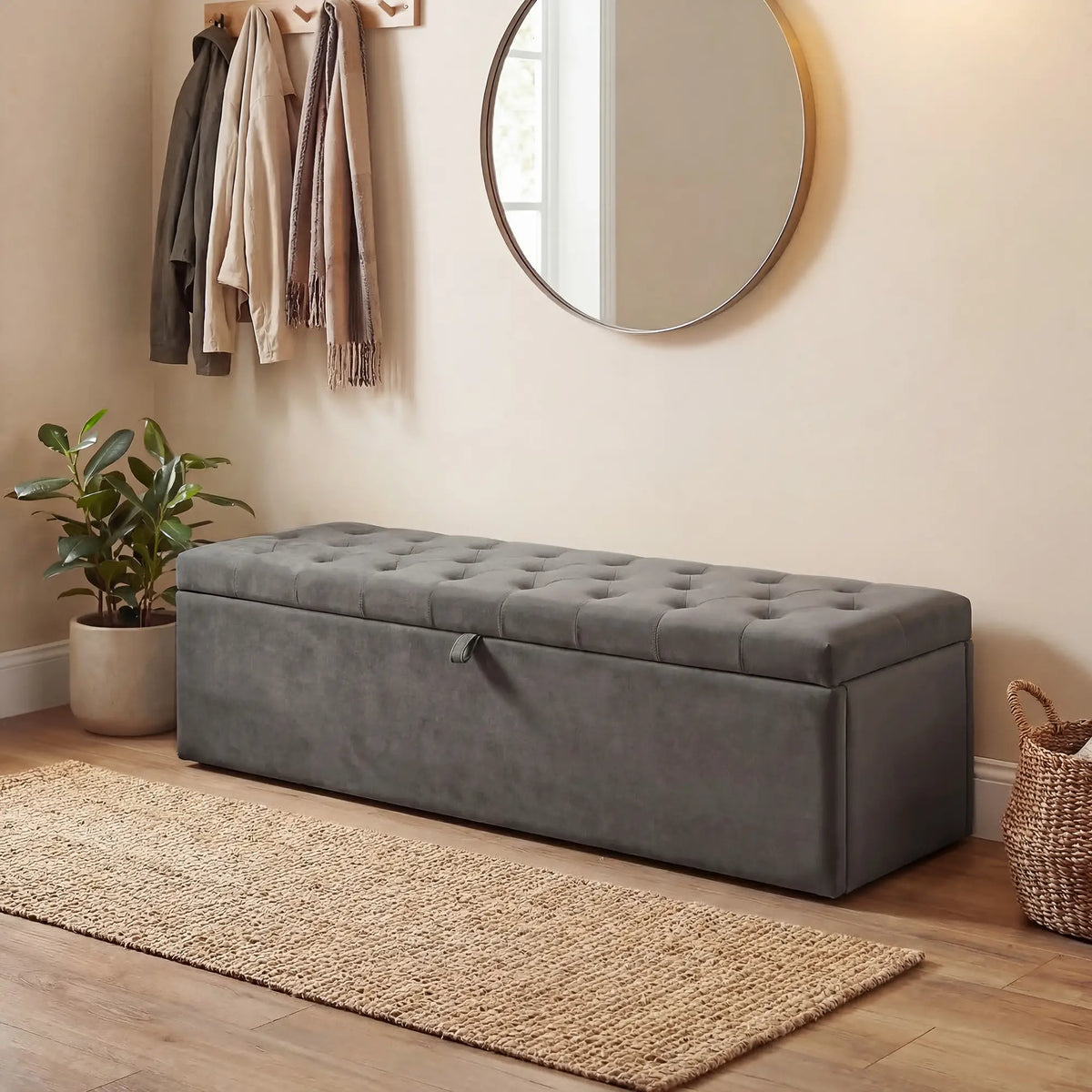 Grey Storage Ottoman | Large Tufted Bedroom Storage Bench
