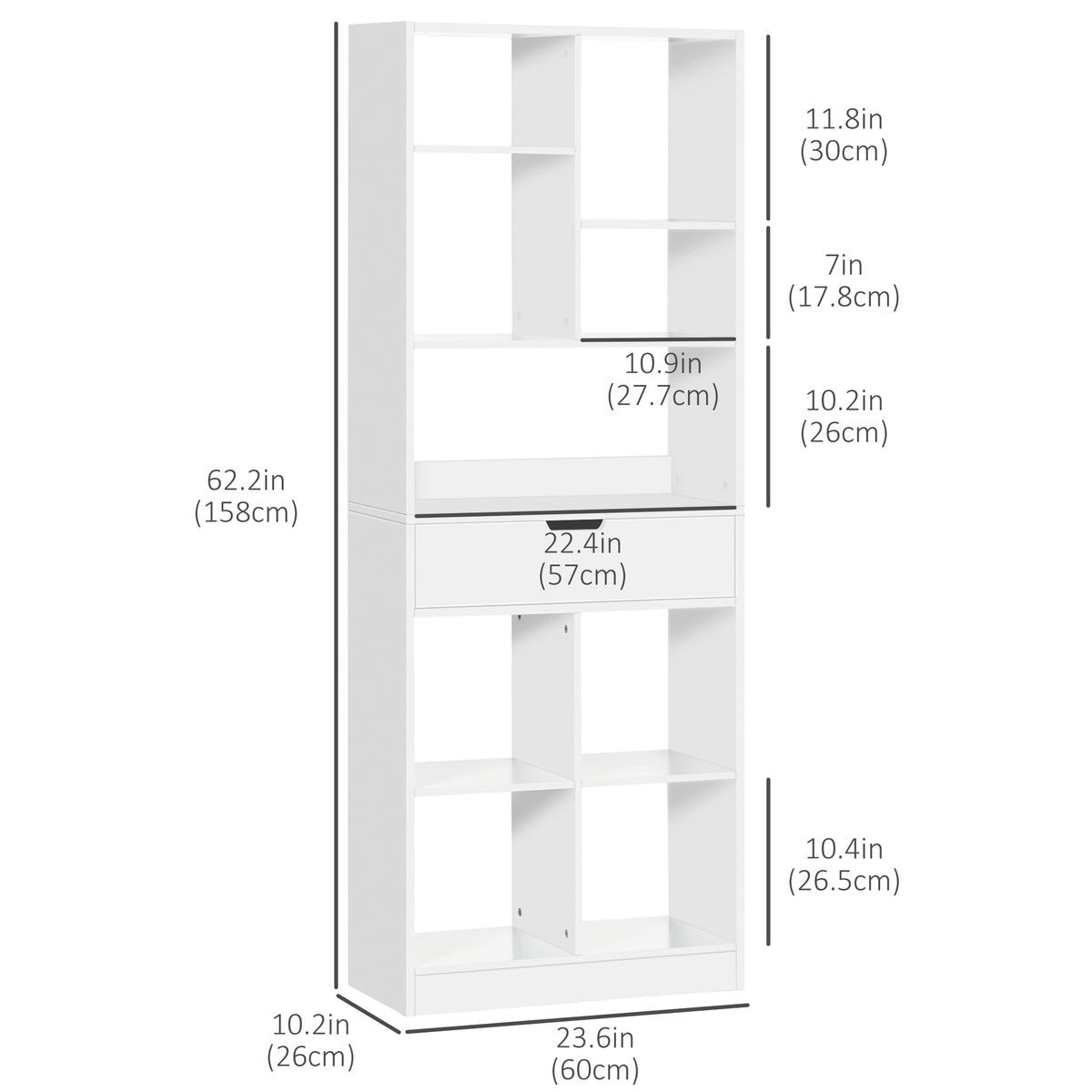 White Wooden Bookshelf with Drawer | 62.2" Tall Freestanding Bookcase for Home Office