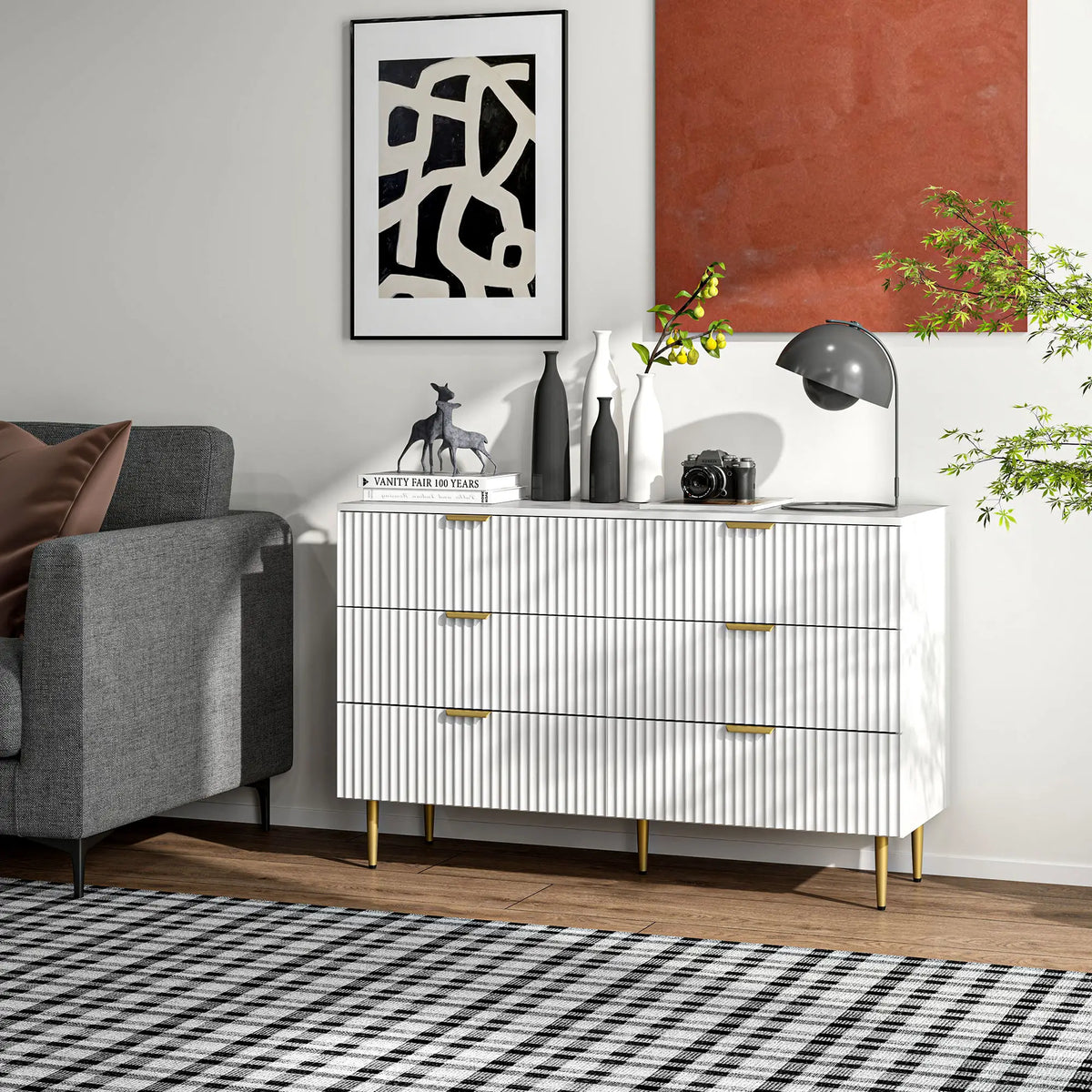 White Dresser | 6-Drawer Chest of Drawers with Gold Legs