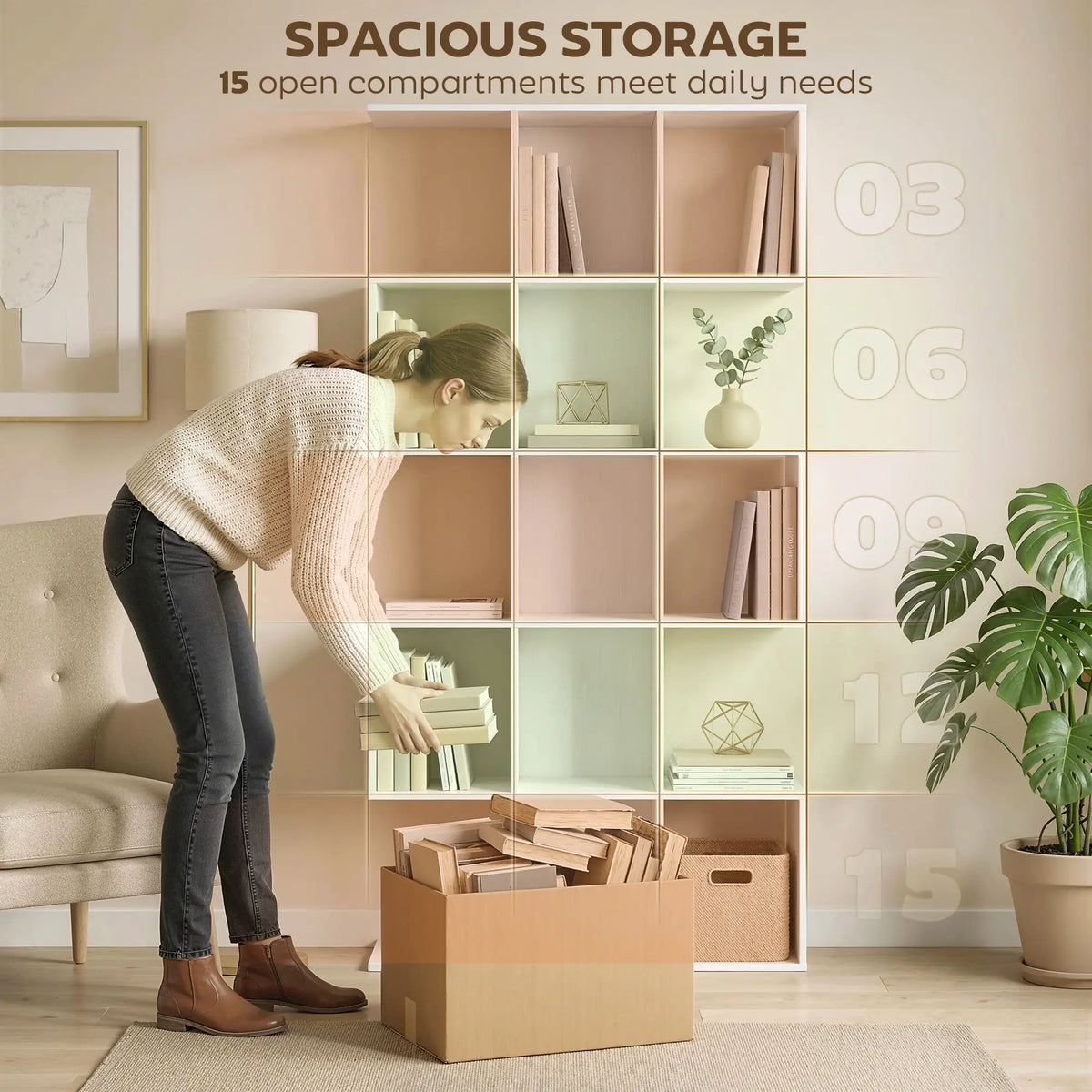 White Geometric Bookshelf | Multi-Level Open Storage Shelf