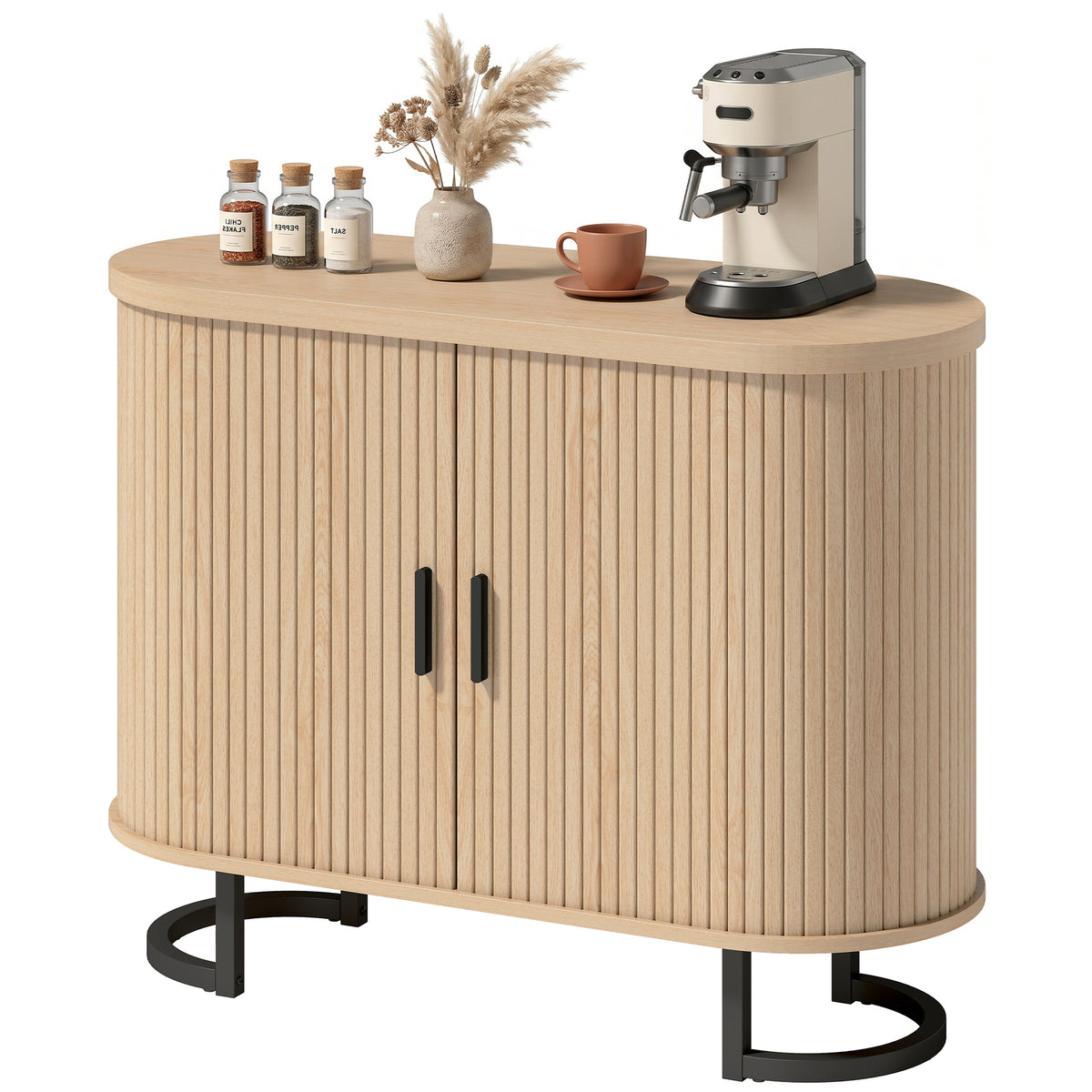 Natural Wood Sideboard Buffet Cabinet with Curved Tambour Doors - angle view