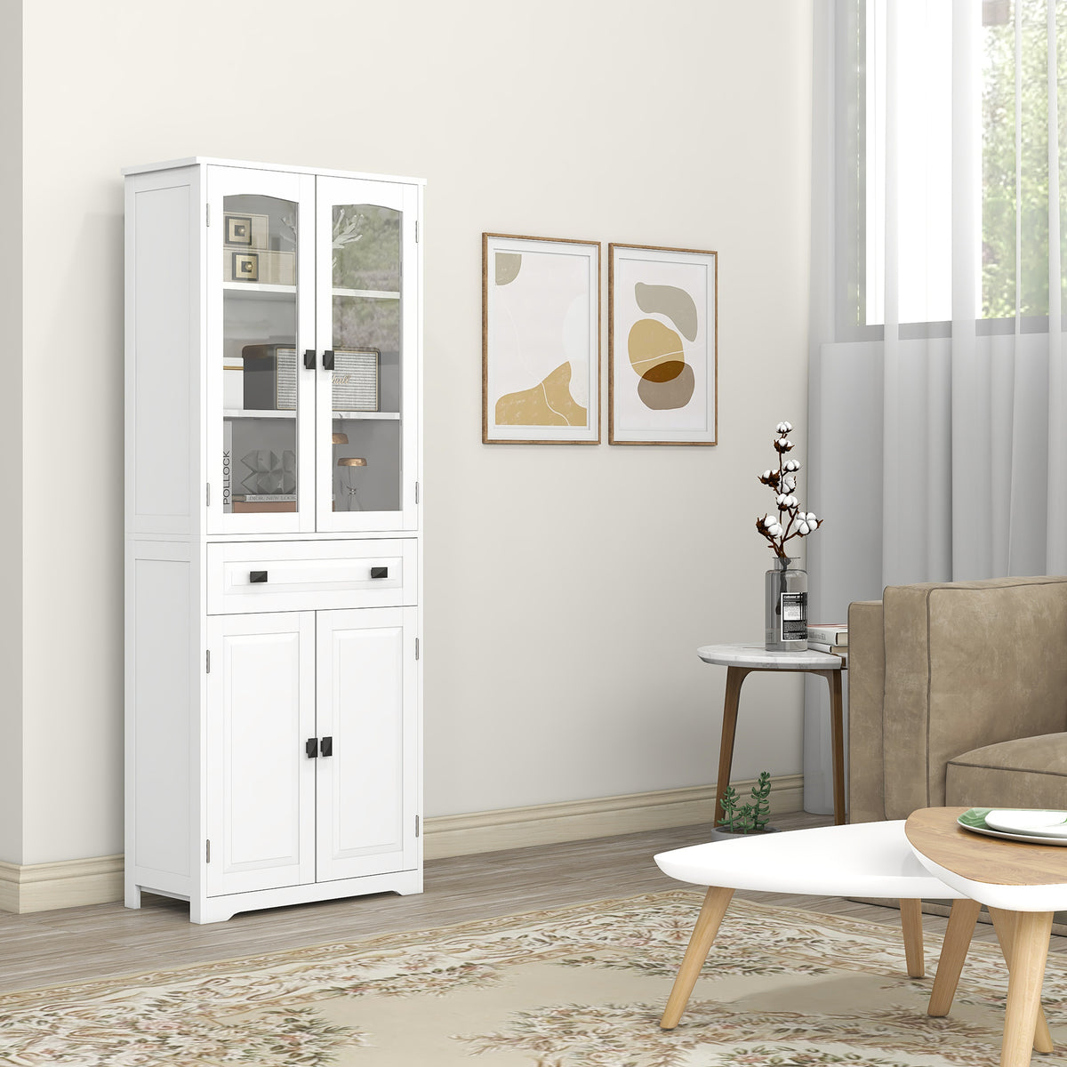 White 4-Door Kitchen Pantry Cabinet | 63" Freestanding Storage Cupboard with Glass Doors