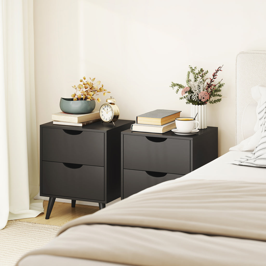 Black Nightstand Set of 2 | 19.9" Bedside Tables with Pine Wood Legs