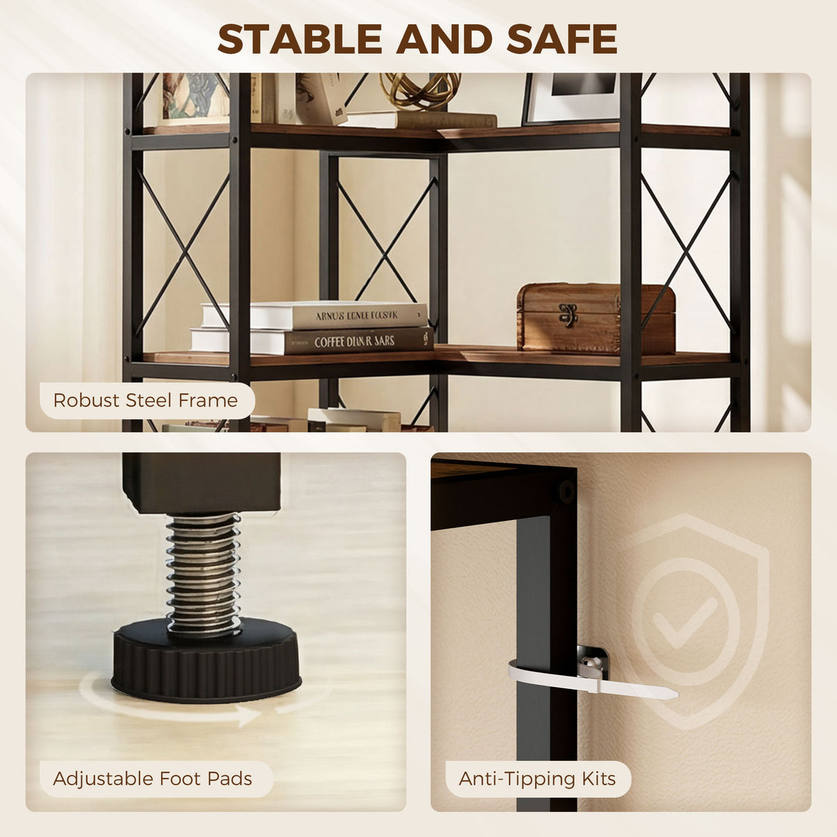 Rustic Brown L-Shaped Corner Bookshelf - detail view