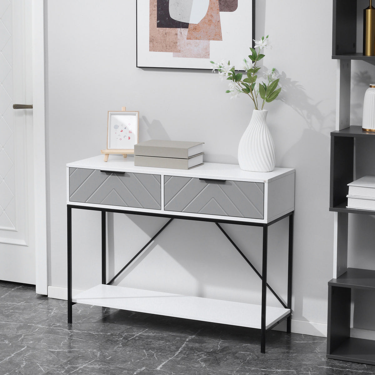 White Console Table with Drawers | 39.25" Entryway Table with Storage Shelf