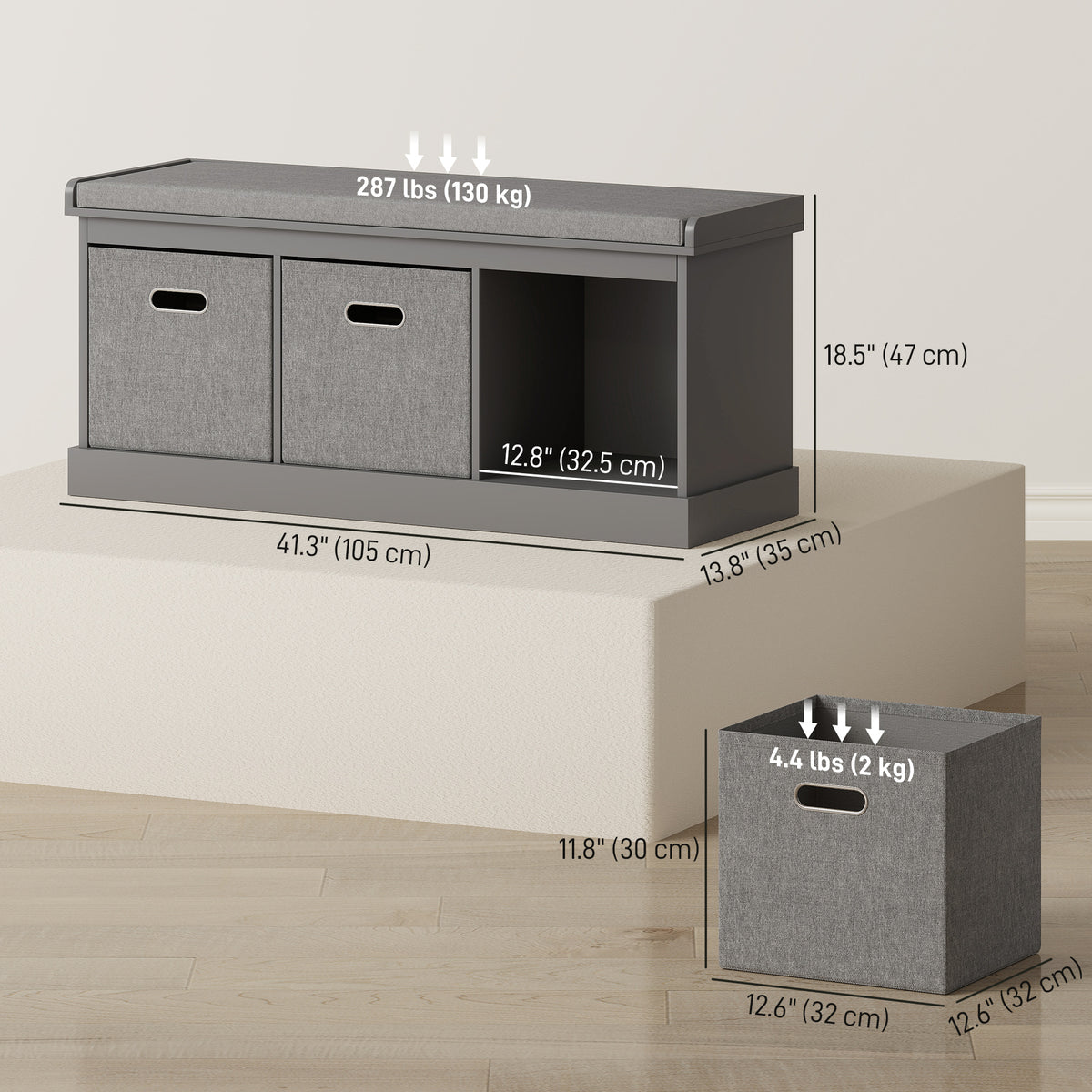 Dark Grey Shoe Storage Bench | 41.3" Entryway Bench with Cushion and Fabric Drawers