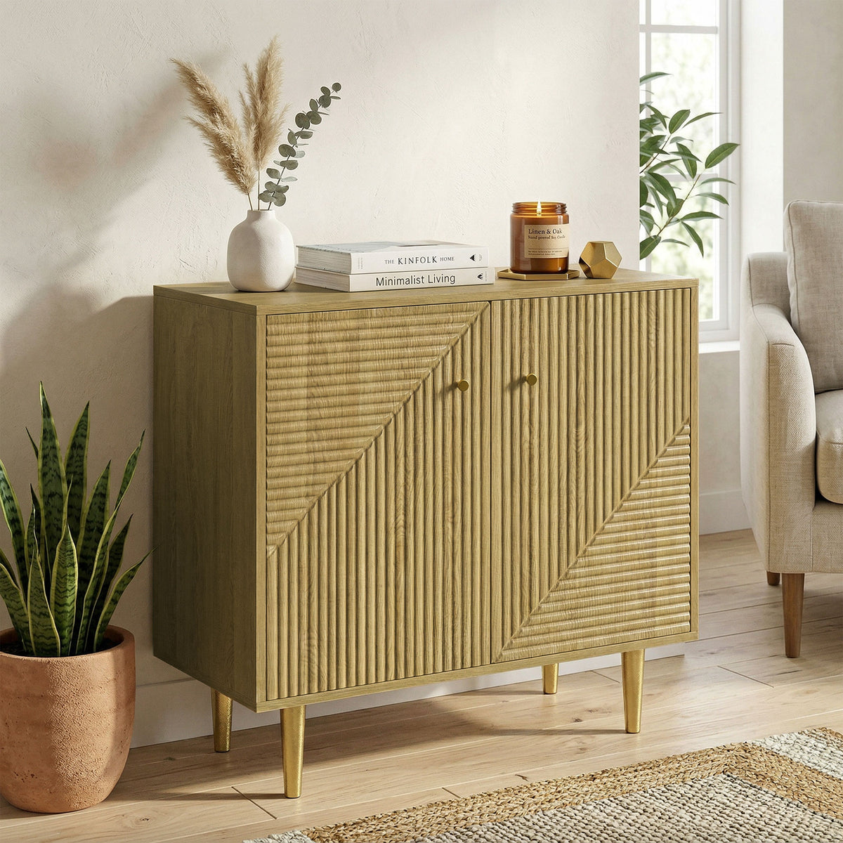 Oak Buffet Sideboard with Gold Legs - front view