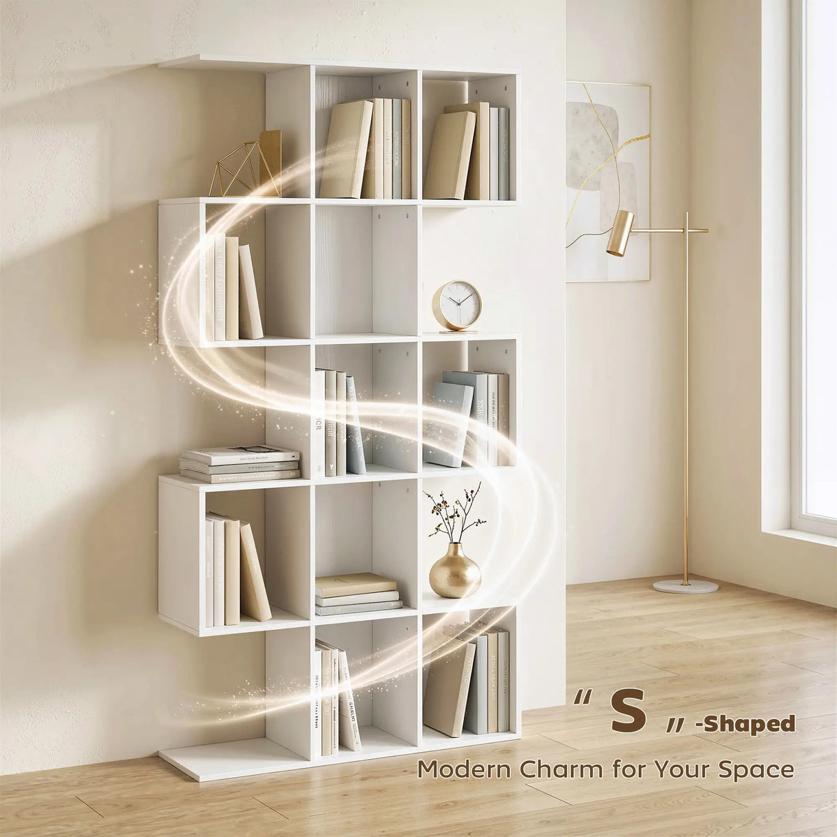 White Geometric Bookshelf | Multi-Level Open Storage Shelf