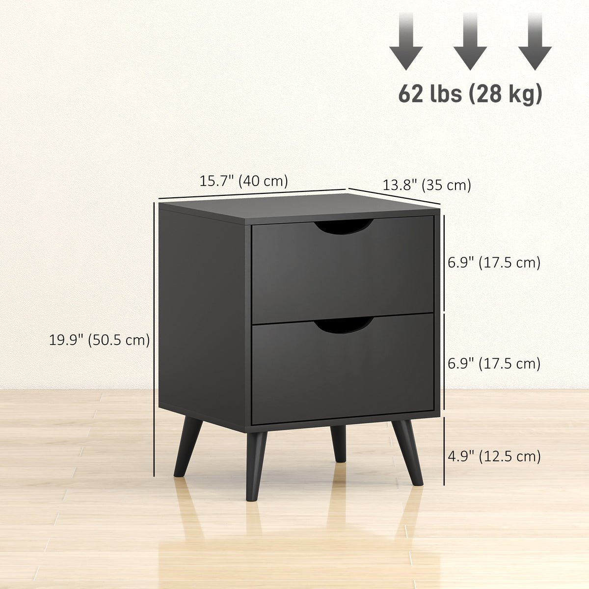 Black Nightstand Set of 2 | 19.9" Bedside Tables with Pine Wood Legs