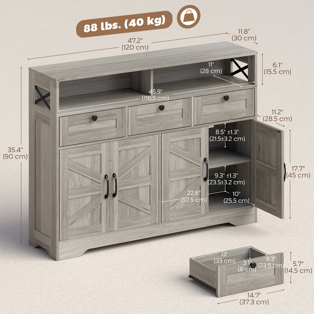 Grey Barn Door Sideboard | 47.2" Buffet Cabinet with Drawers and Adjustable Shelves