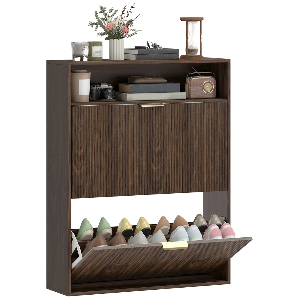 Walnut Shoe Cabinet | 12-16 Pair Entryway Storage with Shelf