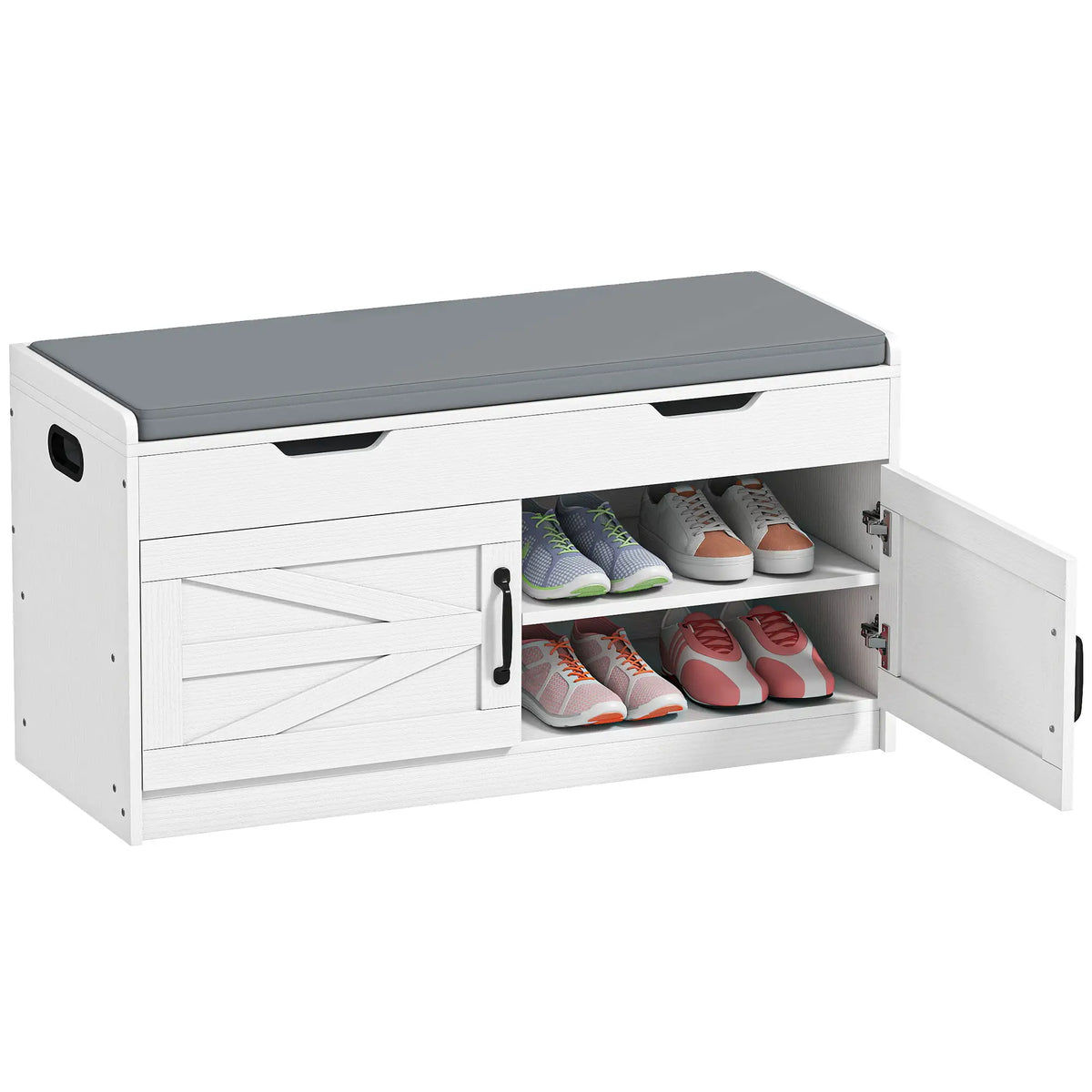 White Shoe Storage Bench | 2-Cabinet Farmhouse Bench with Cushion