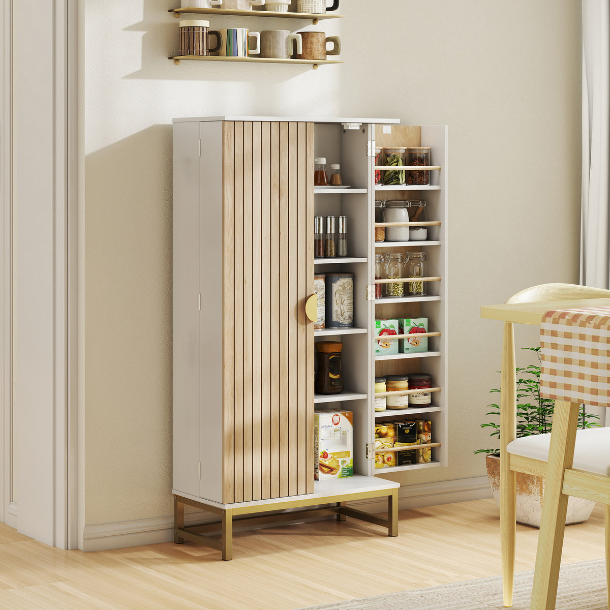 White Kitchen Pantry Cabinet | 47" Freestanding Storage Cabinet with 12 Door Shelves
