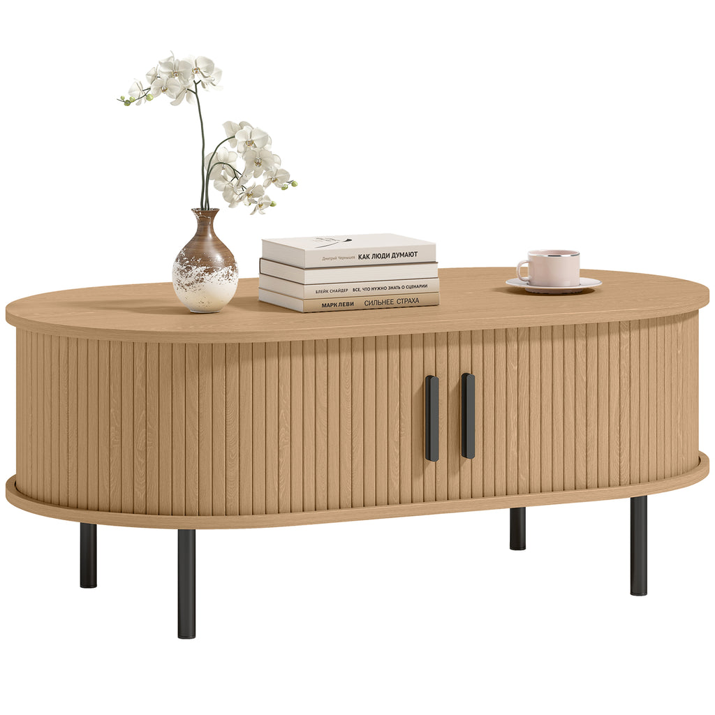 Natural Wood Coffee Table with Sliding Tambour Doors - detail view 7