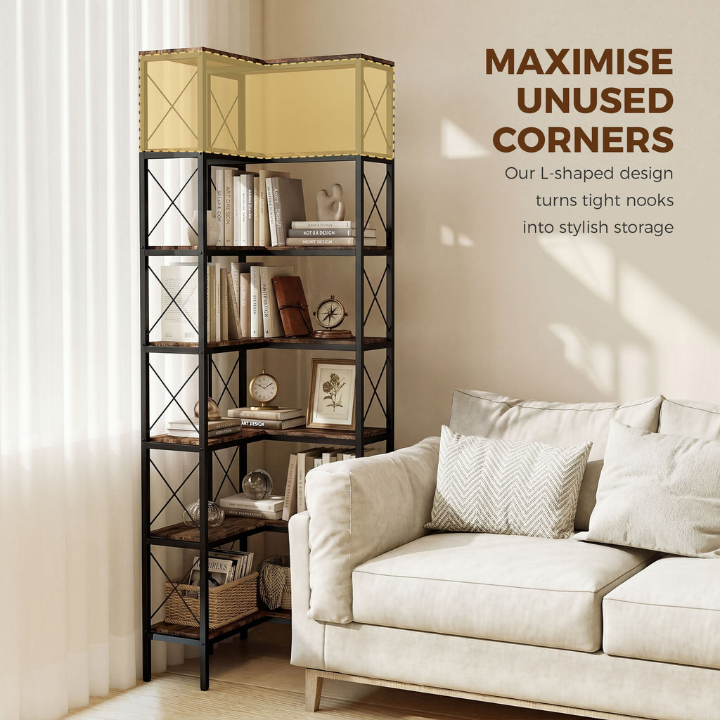 Rustic Brown L-Shaped Corner Bookshelf - shelf detail