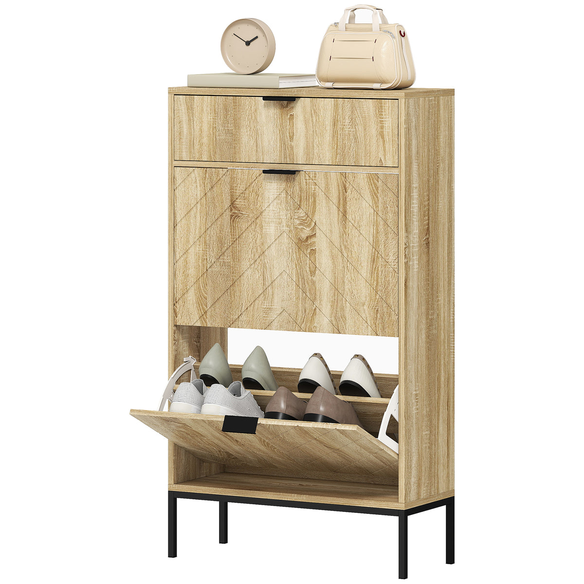 Oak Narrow Shoe Storage Cabinet | 41.5" Entryway Cabinet with Flip Drawers, Holds 8 Pairs