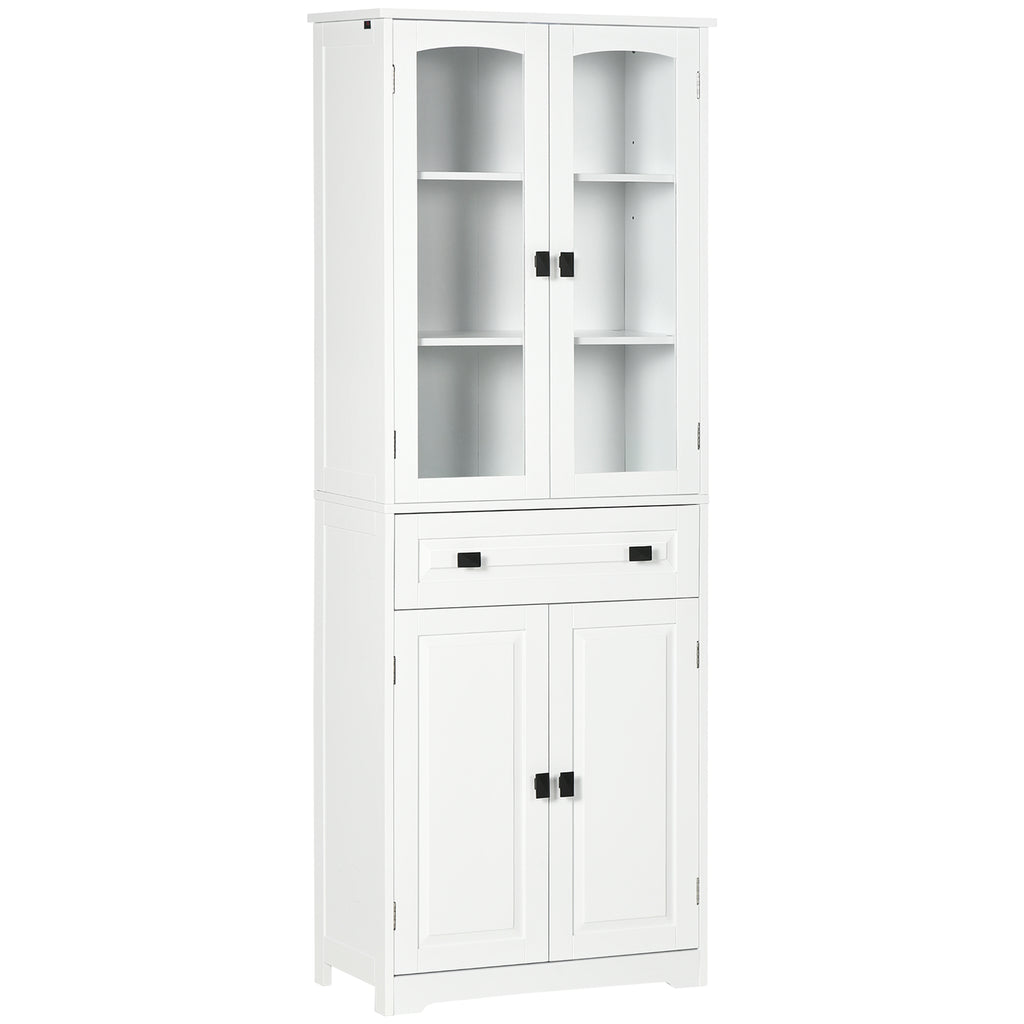White 4-Door Kitchen Pantry Cabinet | 63" Freestanding Storage Cupboard with Glass Doors