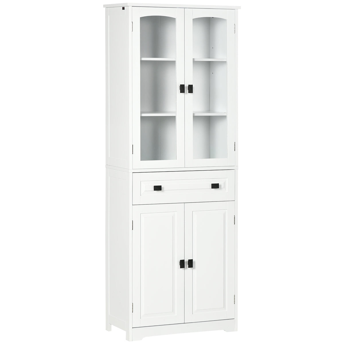 White 4-Door Kitchen Pantry Cabinet | 63" Freestanding Storage Cupboard with Glass Doors