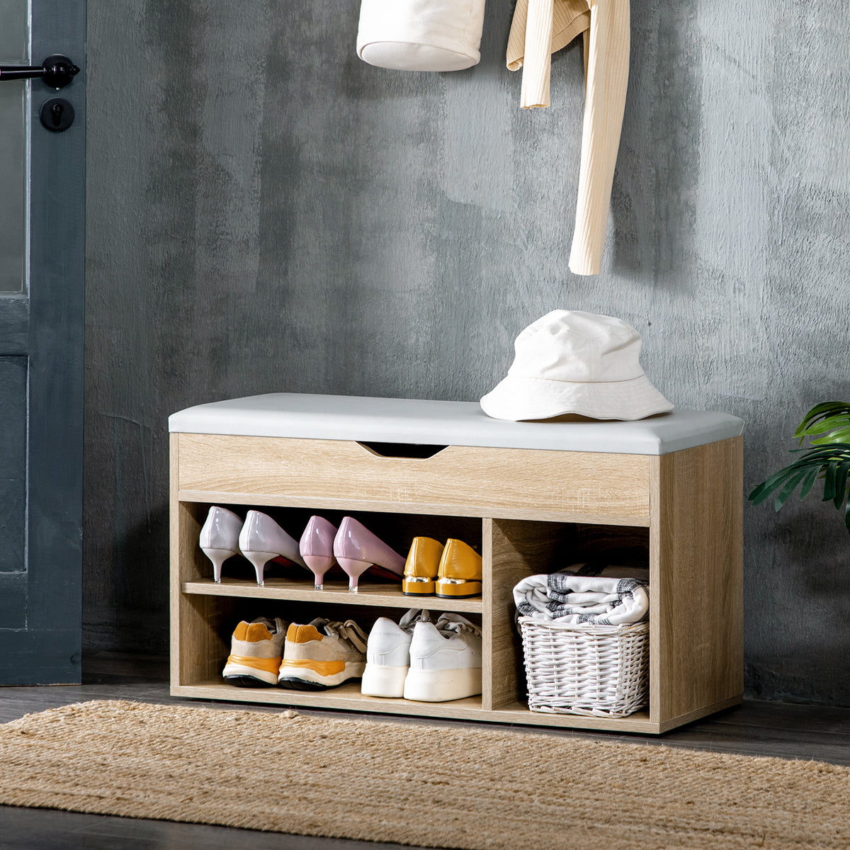 Natural Wood Shoe Bench | Compact Cushioned Storage Bench