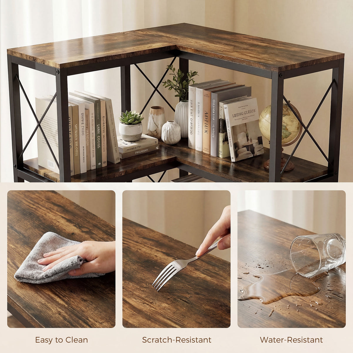 Rustic Brown L-Shaped Corner Bookshelf - lifestyle view