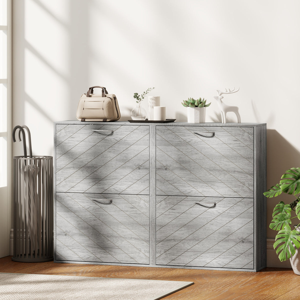Grey Shoe Storage Cabinet | 45.5" Wide Entryway Cabinet with 4 Flip Drawers