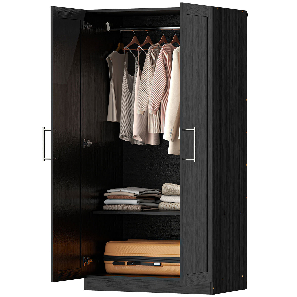 Black Wood-Effect Wardrobe | 63" Tall Armoire Closet with 2 Doors and Hanging Rod