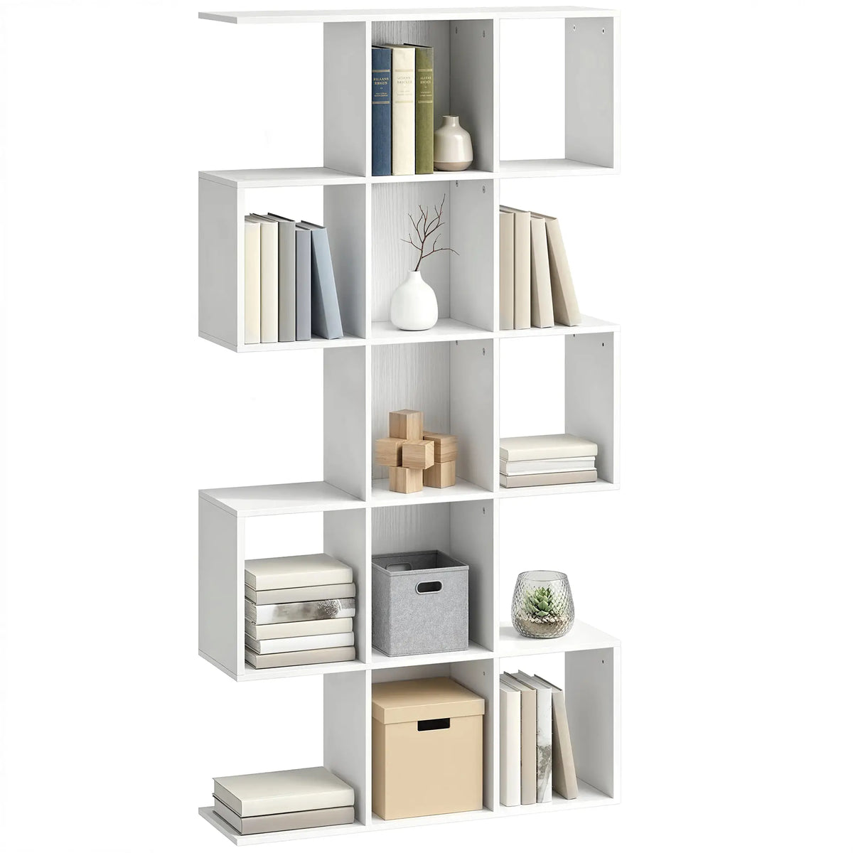 White Geometric Bookshelf | Multi-Level Open Storage Shelf