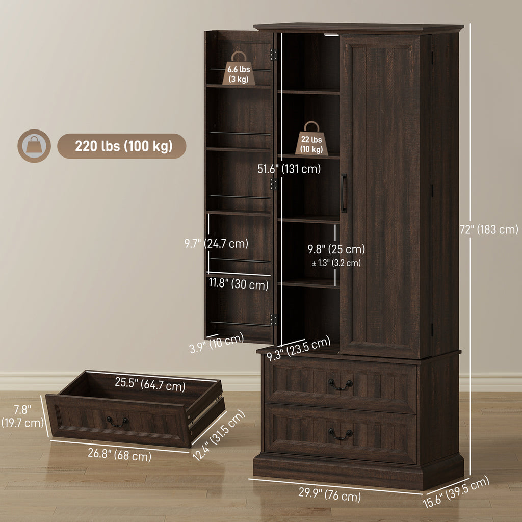 Brown 72" LED Kitchen Pantry Cabinet | Buffet Storage with 10 Door Shelves