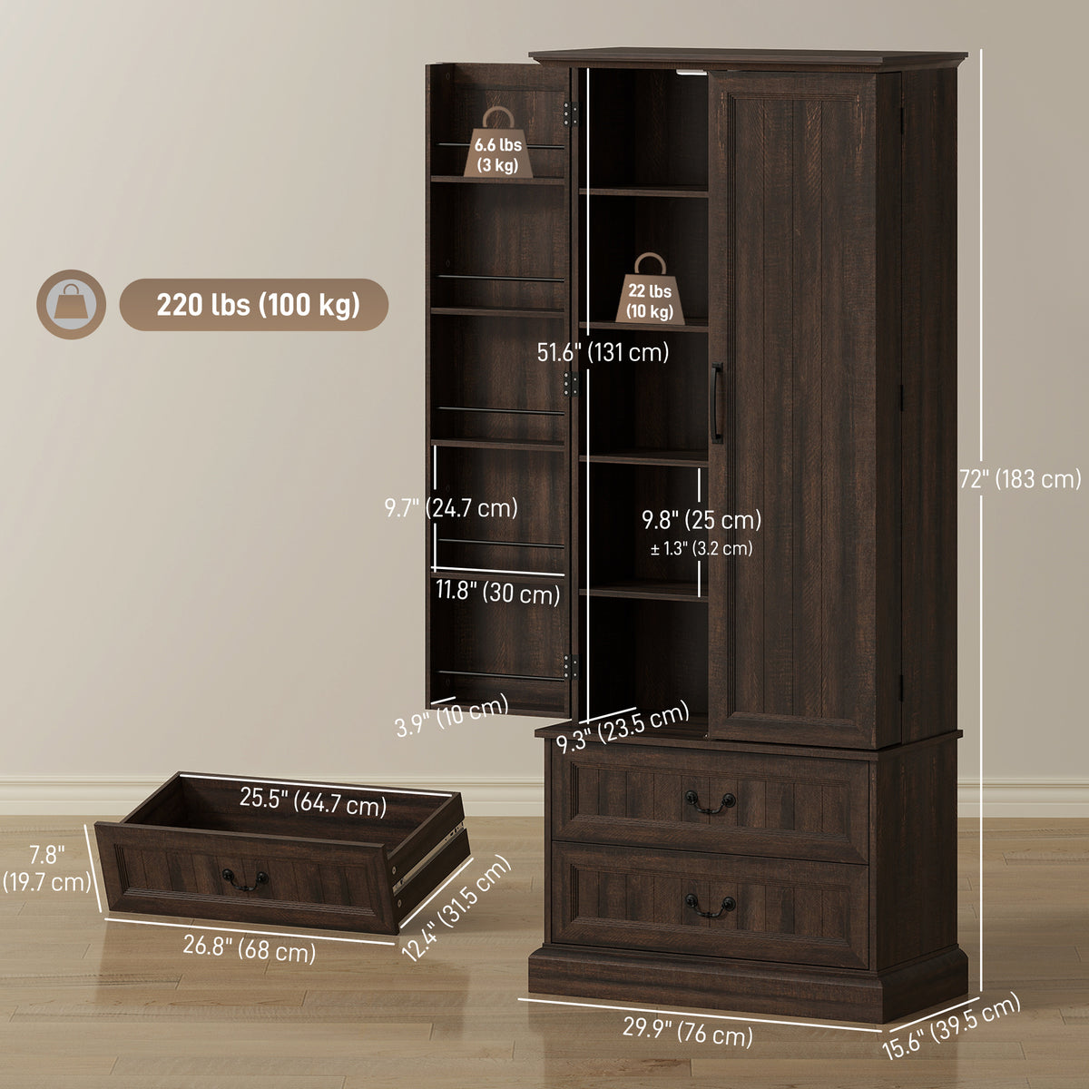 Brown 72" LED Kitchen Pantry Cabinet | Buffet Storage with 10 Door Shelves