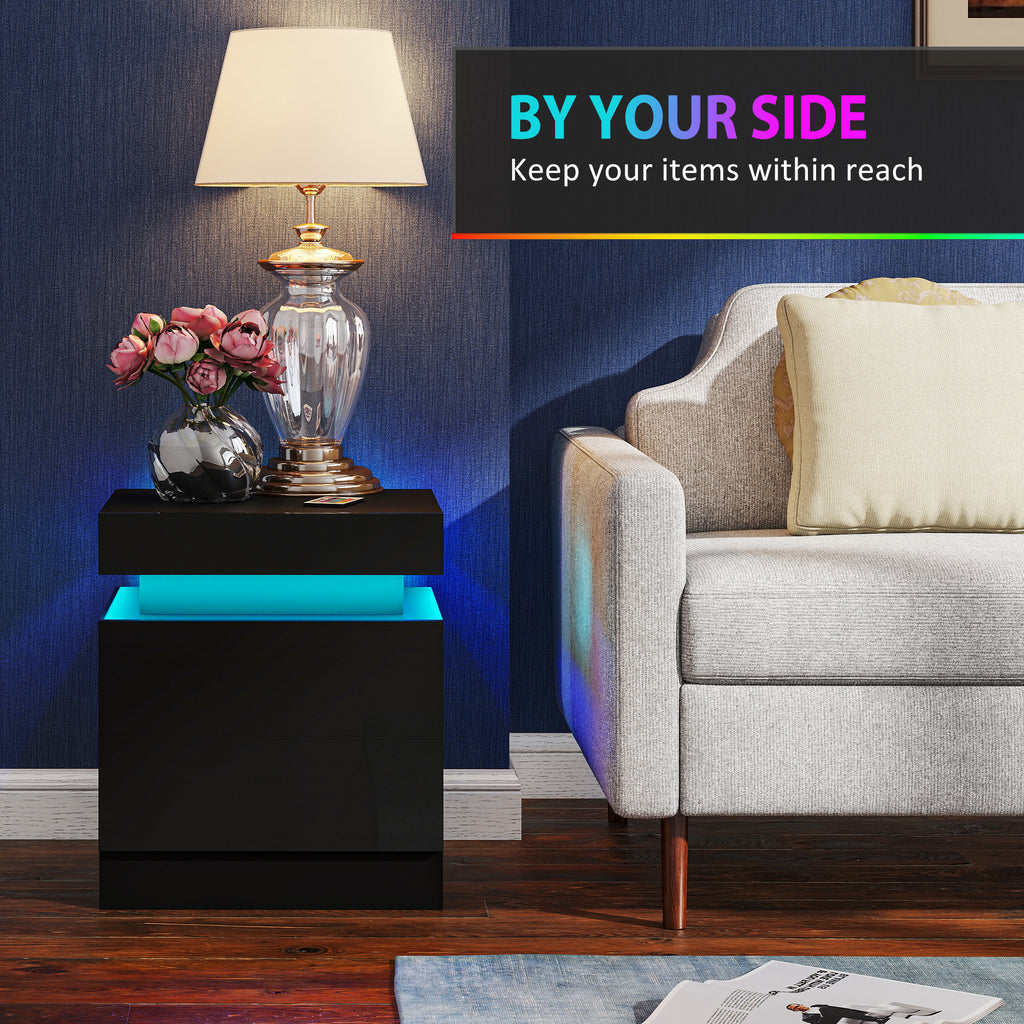 Black Nightstand Set of 2 | 20.5" LED Bedside Tables with Drawers
